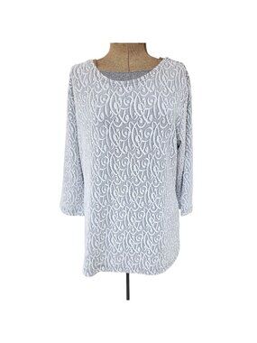 Norm Thompson Womens Large Textured White Gray Long Sleeve Top Pullover Blouse